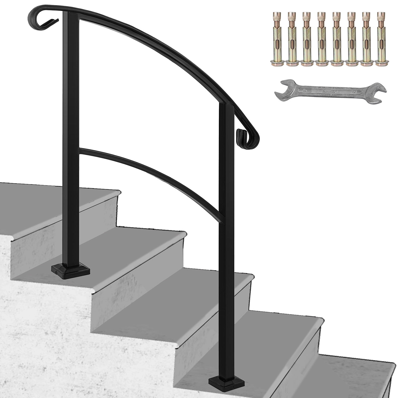 Iron Handrail Stair Post Handrail Matte Black Fits 1 or 2 Steps Concrete Decor 