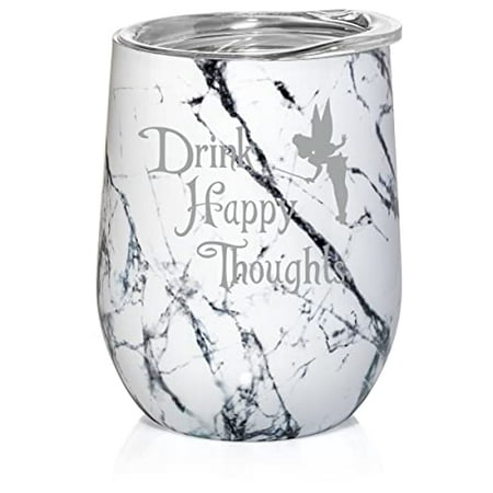 

12 oz Double Wall Vacuum Insulated Stainless Steel Stemless Wine Tumbler Glass Coffee Travel Mug With Lid Drink Happy Thoughts Fairy (Black White Marble)