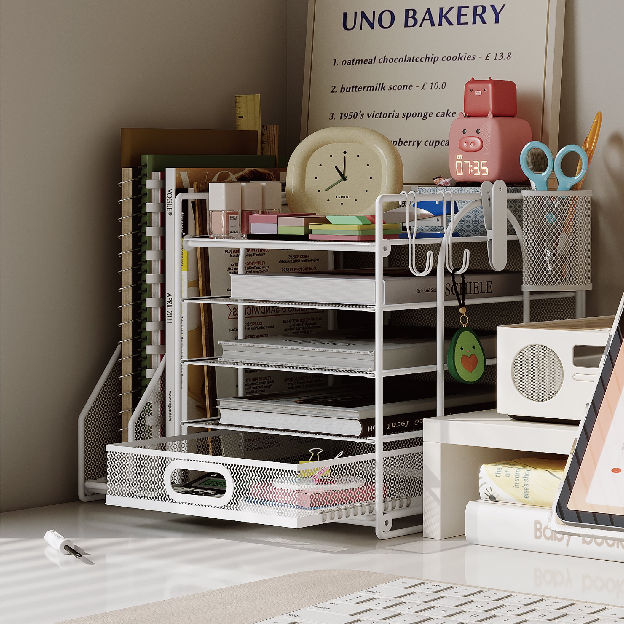 HUHOLE Desk Organizer with File Holder, 5-Tier Paper Letter Tray, White Powder-Coated Steel