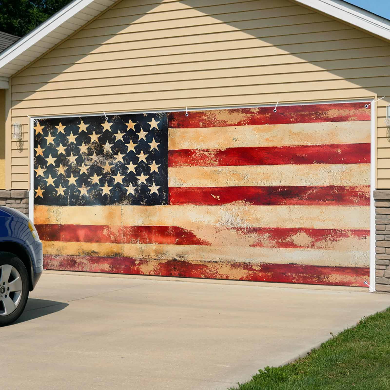 Retro American Flag Garage Door Cover Banner 7 x 8 FT, Vintage Red Strip Star US Flag Garage Door Curtains Backdrop with Grommets for Indoor Outdoor Wall Party Porch Yard Decorations Background