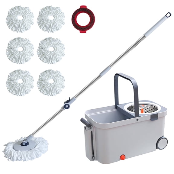 INWEJIA Spin Mop and Bucket Set with Wringing, 6 Microfiber Heads, 60" Stainless Steel Handle, 2 Wheels