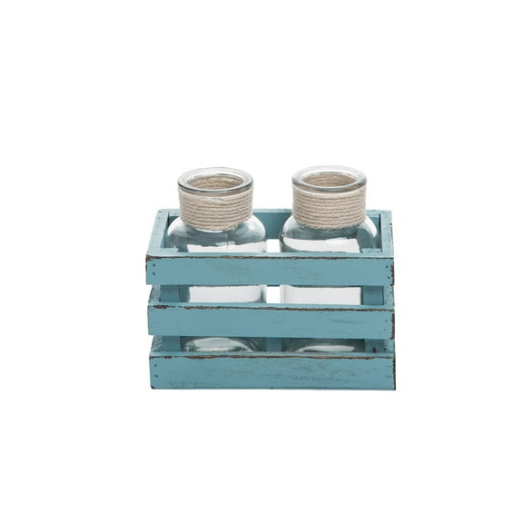 Beachcombers Small Turquoise Wood Crate With 2 Glass Bottles Rustic Wood Glass Decor Decoration Gift Box Ocean Coastal Nautical Beach Blue