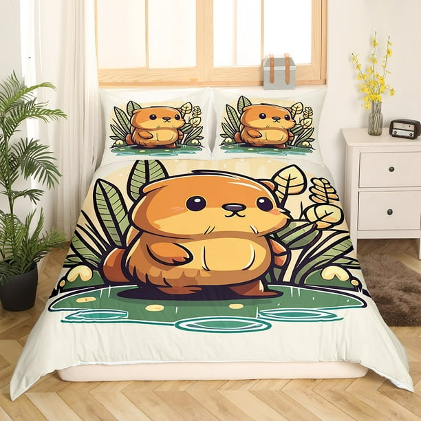 YST Kids Capybara Duvet Cover Full for Boys Girls Animal Theme Bedding Set Green Leaves Comforter Cover Cute Kawaii Wildlife Bed Set Cartoon Style