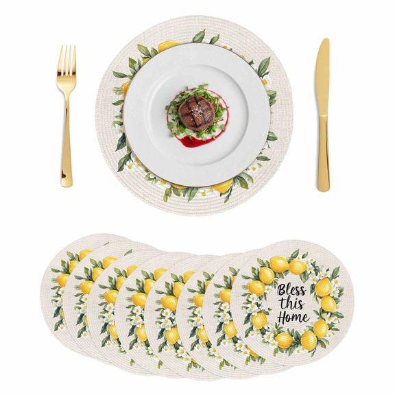 Summer Lemon Round 15 Inch Placemats Set of 8, Farmhouse Country Vintage Linen Texture HeatResistant Non Slip Place Mats for Dining Table, Wipeable Braided Kitchen Table Mats for Housewarming
