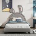 thumbnail image 2 of Twin Size Upholstered Leather Platform Bed with Rabbit Ornament, Gray, 2 of 9