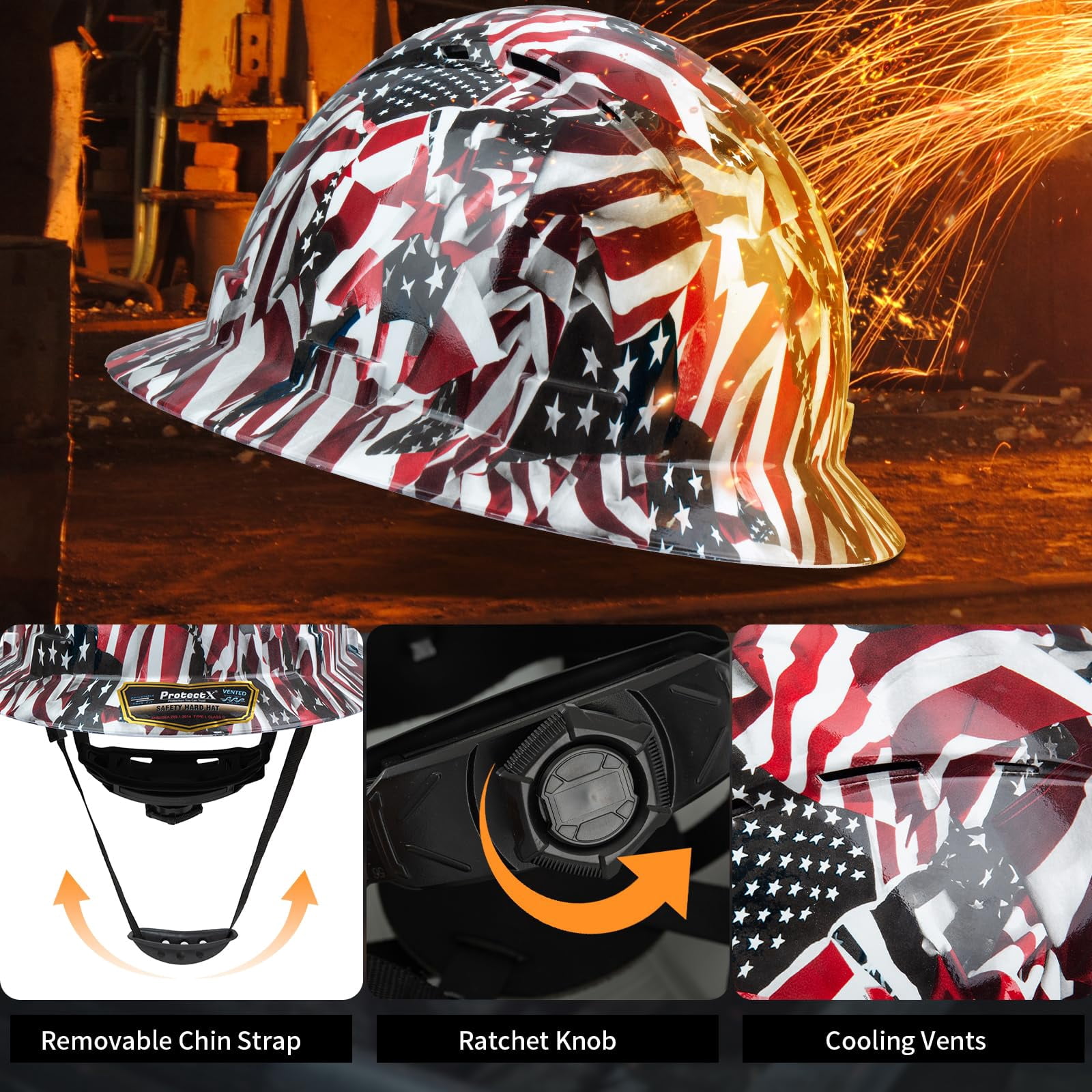 ProtectX Full Brim Hard Hat Ventilated Construction Helmet OSHA Approved Safety Hard Hat Made of Fiberglass 6-Point Suspension Protective Gear Premium American Flag Design