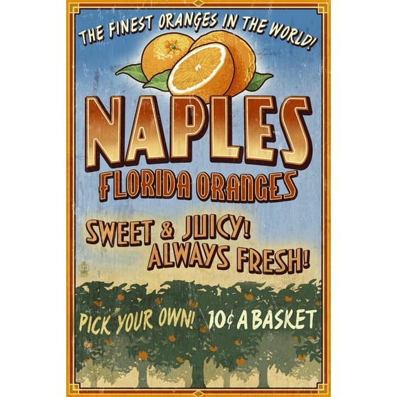 Art.com Naples, Florida - Orange Grove Vintage Sign Art Print by Lantern Press, 12" x 18"
