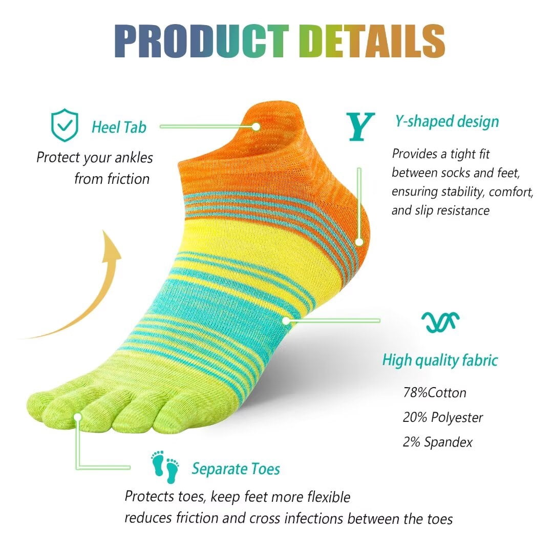 OpetHome Soft Cotton Toe socks for women men, Low cut socks with toes for running walking 3 pairs of colorful socks Medium