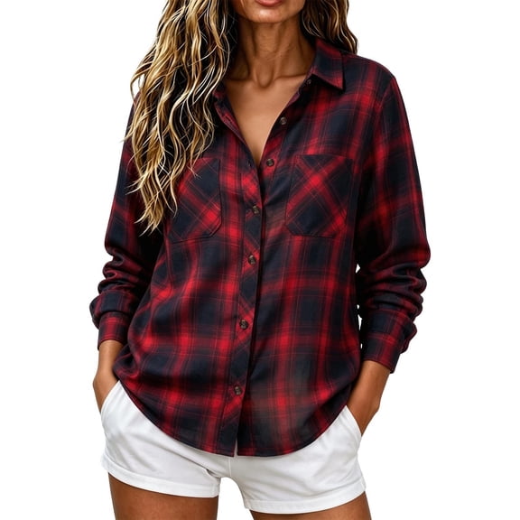 Jaunzuar Button Down Shirts for Women Plaid Collared Flannel Shirts Casual Warm Tops with Pockets XL