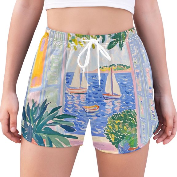FORMRS Womens Swim Shorts Mesh Liner Quick Dry Casual Beach Board Bottom with Pockets, Sizes S-2XL, Seaside Boat