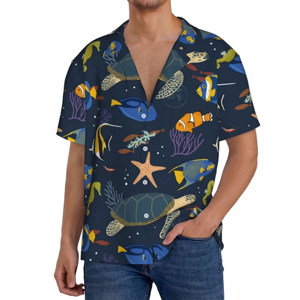 Balery Undersea Animals Camisa Casual de Manga Corta con Botones para Hombre, Texturizada, Estilo Cubano, para Playa, Verano-Small