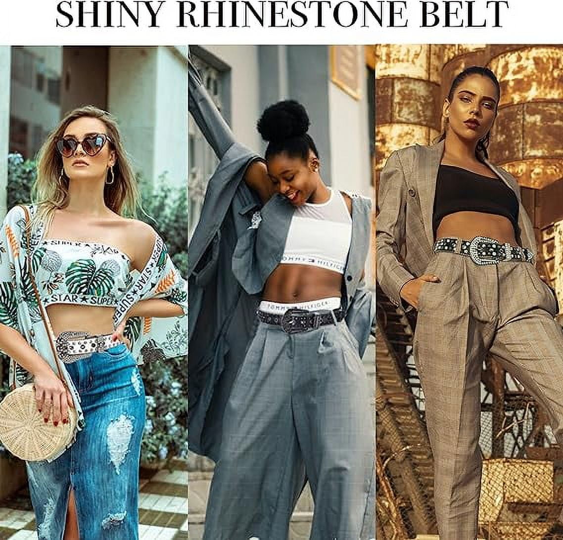 Rhinestone Belt for Men and Women, Western Cowgirl Cowboy Bling Studded Diamond Belt Faux Leather Belt for Jeans Pants Dress