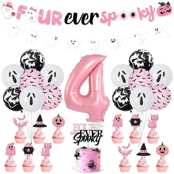 Halloween 4th Birthday Party Decorations Girl, Four Ever Spooky Birthday Decorations Banner Garland Cake Cupcake Toppers Number 4 Foil Balloon for Halloween Girl 4th Birthday Party