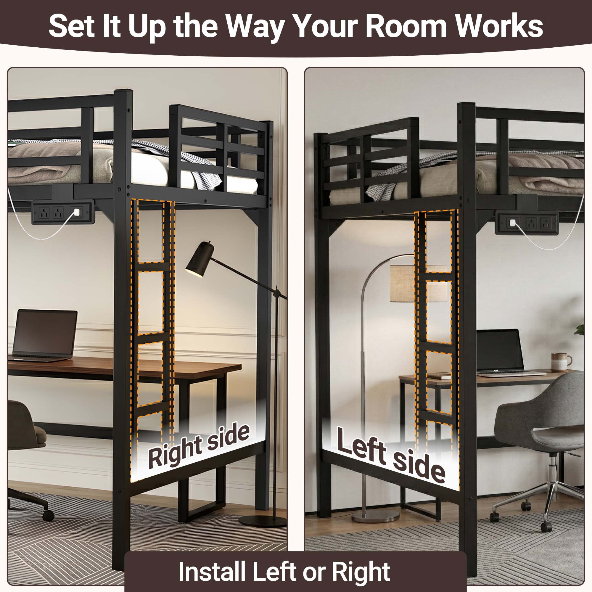Miniyam Full Metal Loft Bed with LED and Charging Station for Adults in Apartments, Black