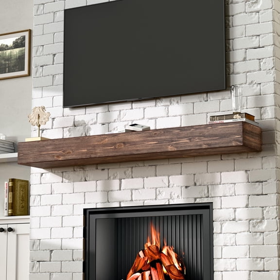 66 Inch Floating Fireplace Mantel Shelf, Handcrafted Solid Pine Wood Mantel with Invisible Heavy Duty Brackets, American Brown Wall Mounted Shelf for Over Fireplace Décor