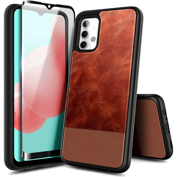 Nagebee Case for Samsung Galaxy A32 5G with Tempered Glass Screen Protector [Full Coverage] Premium Cowhide Leather Hybrid Defender Shockproof Durable Phone Cover
