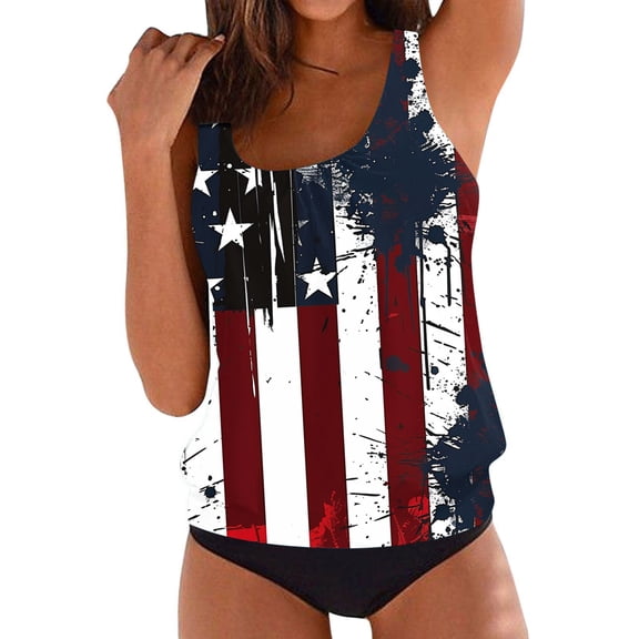 Yuanlook Women's 2 Piece Plus Size American Flag Tankini Set Racerback Sleeveless Tank Top with Bottoms for Casual Beach Wear Size M-5XL