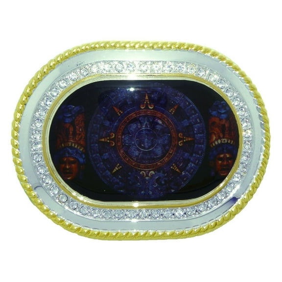 Aztec Indian Roots Culture Costume Blue Metal Azteca Calendar Belt Buckle Mayan