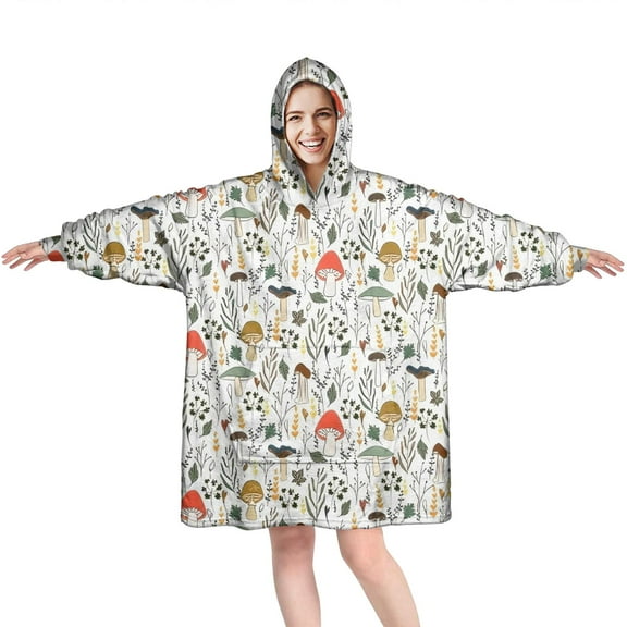 Colorful Mushroom Floral White Pattern Wearable Oversized Blanket,Wearable Blanket Hoodie for Adults,Cozy Hooded Blankets with Super Pockets,Super Warm Fuzzy Pullover for Women & Men