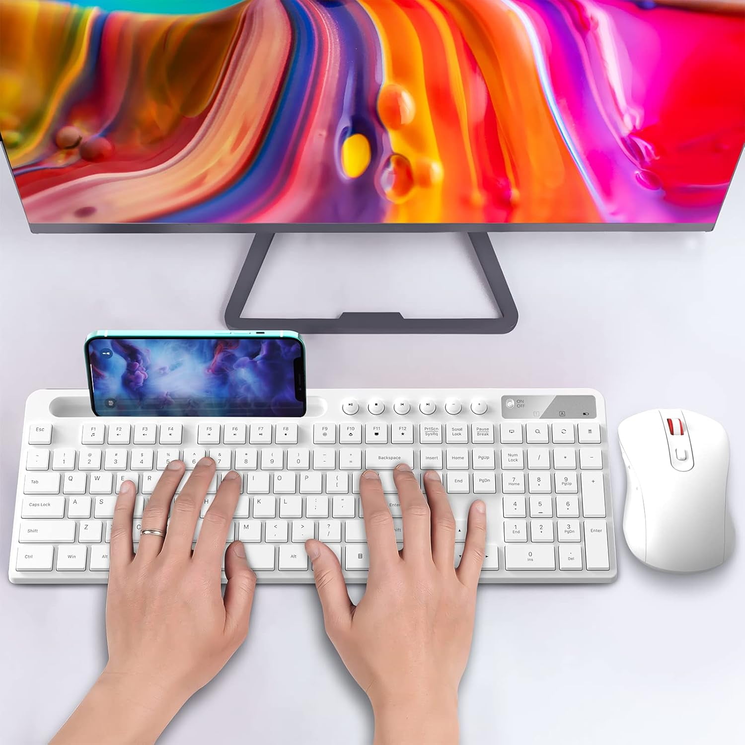 Marvo 2.4G Wireless Keyboard and Mouse Combo, Low Profile, Fluid Precise, Quiet, Tablet Holder,White
