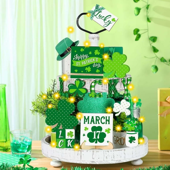 Fwttom St. Patrick's Day Tiered Tray Wooden Decorative Tabletop Ornaments Irish Holiday Decor