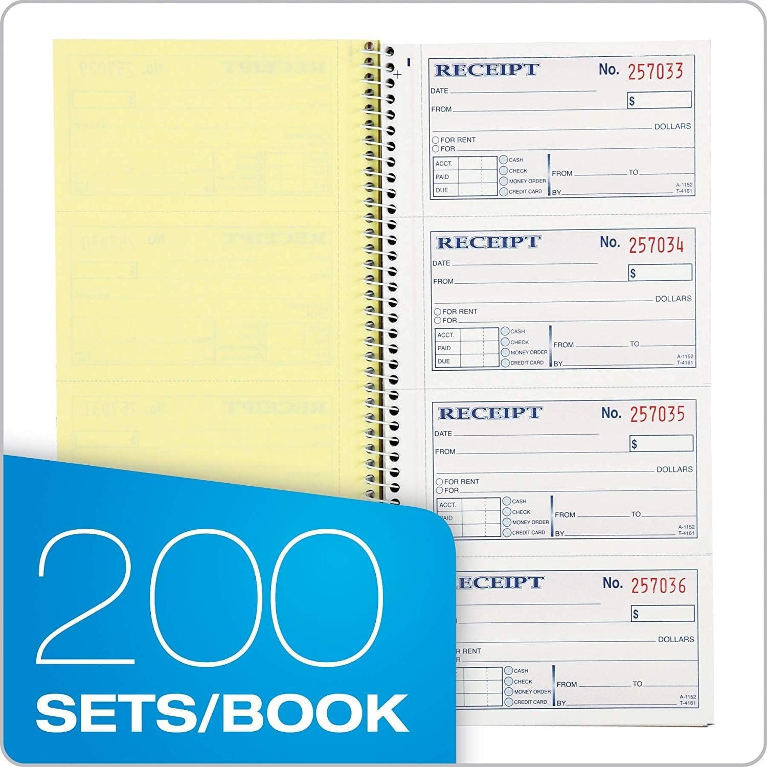 Adams Money and Rent Receipt Book, 2-Part Carbonless, 5-1/4" x 11", Spiral Bound, 200 Sets per Book, 4 Receipts per Page, Sold as 5 Pack, 1000 Sets Total SC1152