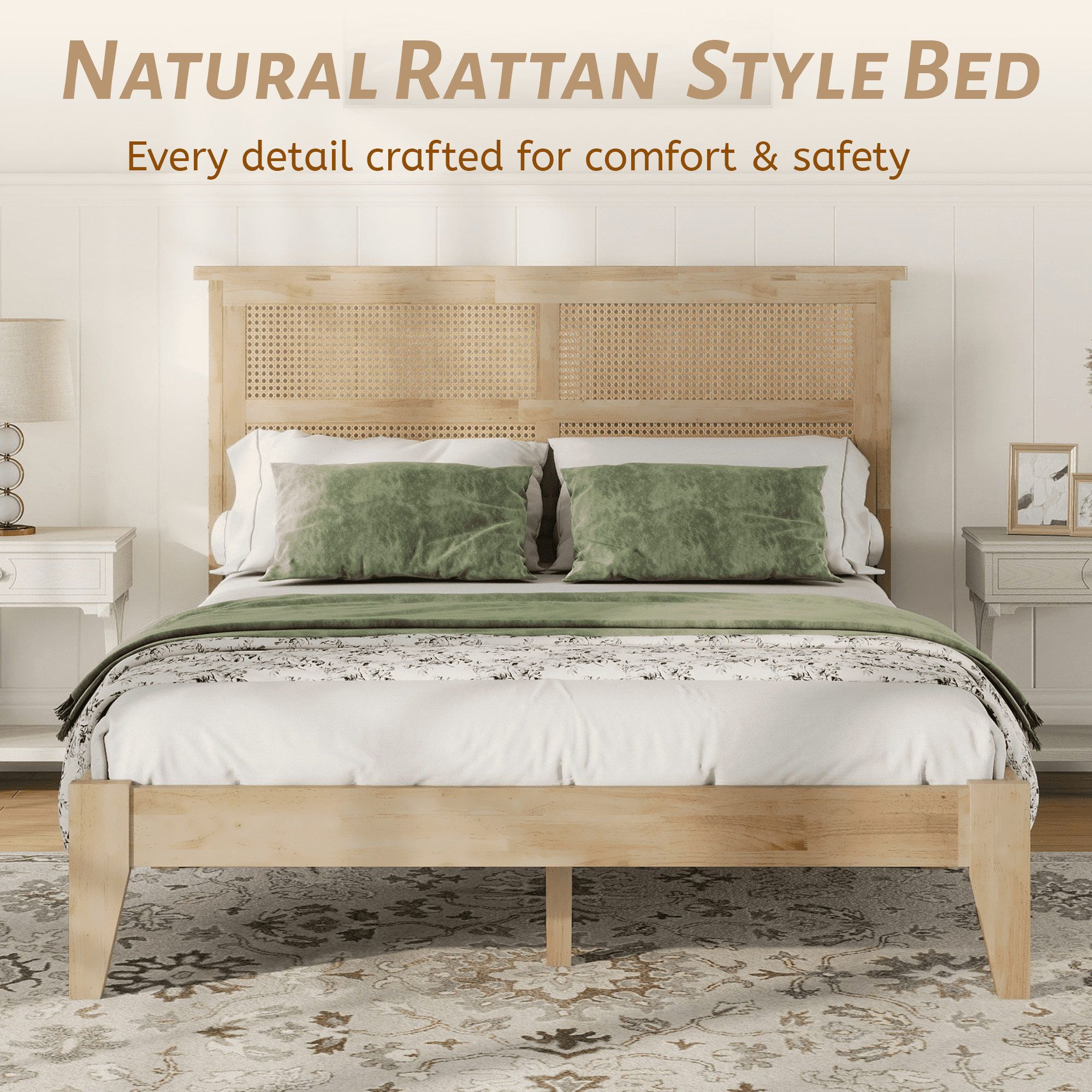 Full Size Solid Wood Bed with Rattan Headboard, Rubber Wood Bed Frame with Central Support Beams and 8 Inch Underbed Storage for Bedroom, Natural, 78.7x57.3x40.8 Inch