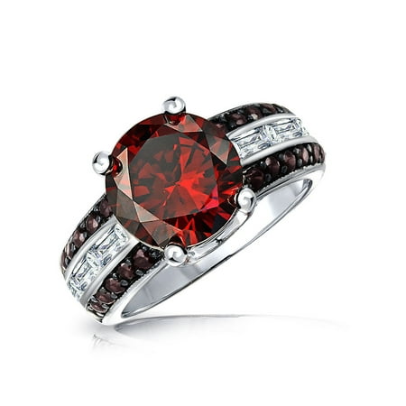 Ruby Baguette Ring 4CT Red Solitaire Simulated Ruby CZ Unique Statement Engagement Ring Side Baguette Pave Coffee Accent Silver Plated ()