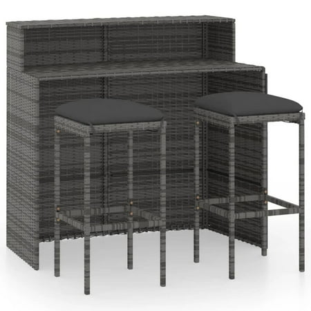 Anself 3 Piece Garden Bar Set Table with Storage Shelf and 2 Cushioned Stool Chairs Outdoor Dining Set Gray Poly Rattan for Bistro  Pub  Backyard  Terrace  Patio