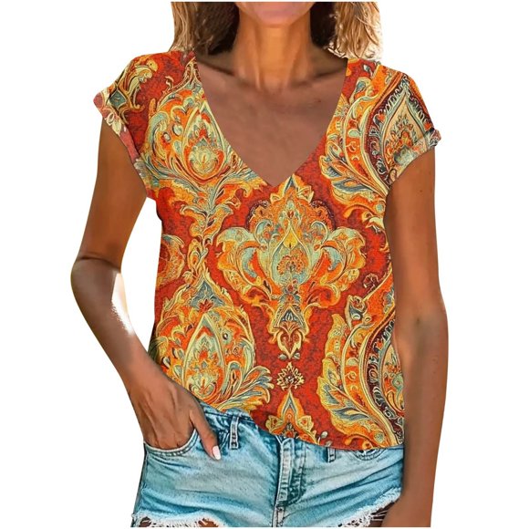 Tnhcen Women's Summer Floral Print Deep V-Neck T-Shirt - Breathable Casual Shirts | Plus Size Friendly S-2XL | Essential Summer Tops for Women