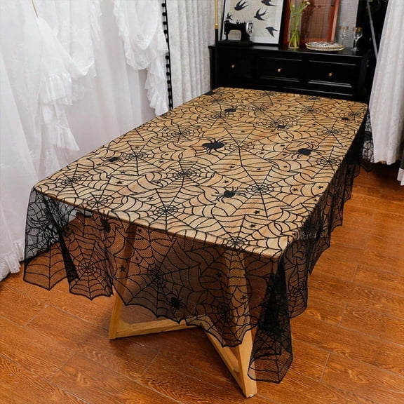 Black Lace Spider Web Tablecloth, 72x54" Gothic Sheer Halloween Spider Table Cover, Spooky Rectangular Transparent Table Runner Overlay for Halloween Party Dinner Table Home Decorations