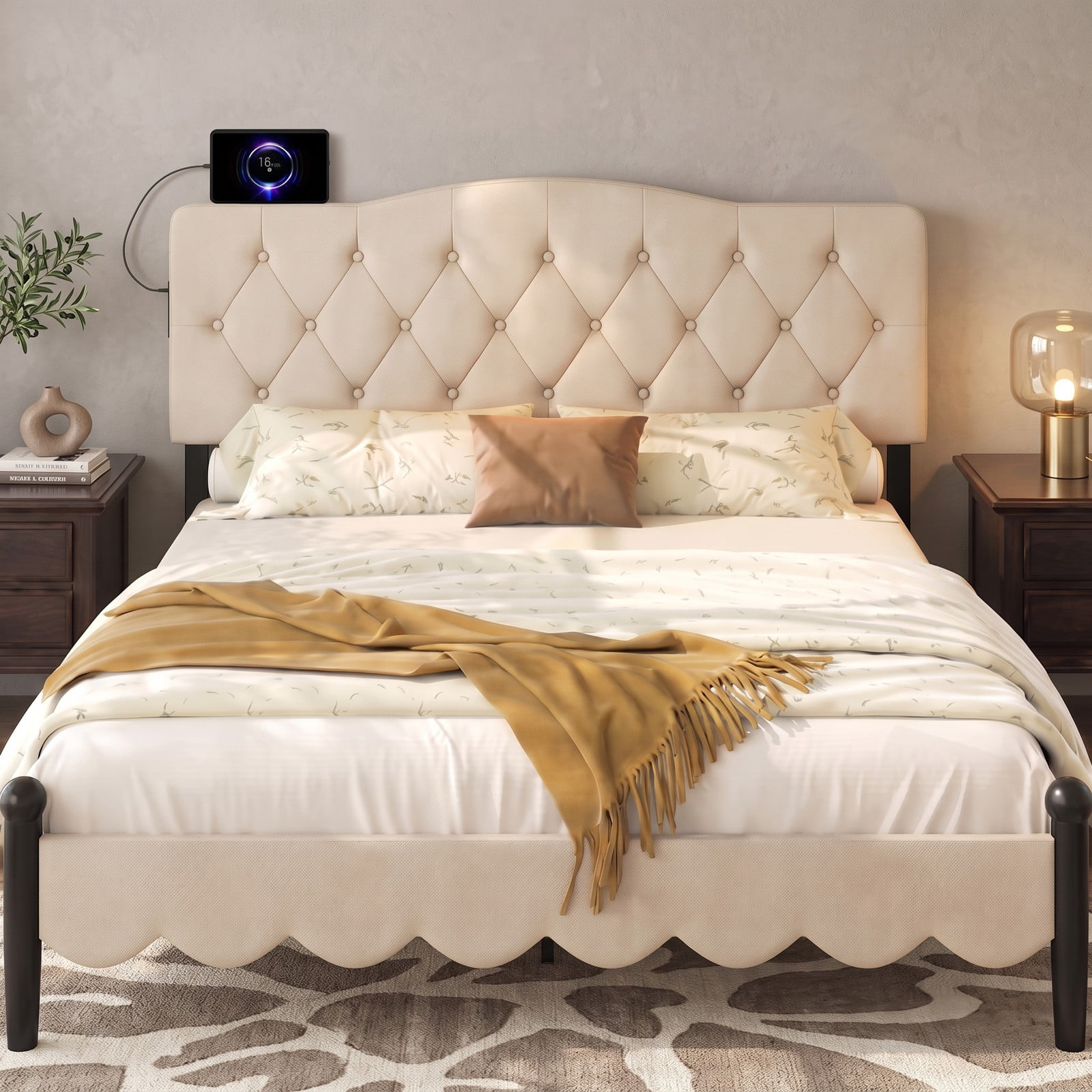 Furnibear Tufted Upholstered Headboard with Diamond Button Tufting and 2 AC Outlets and USB and Type-C Charging Ports for Full and Queen Beds, Beige