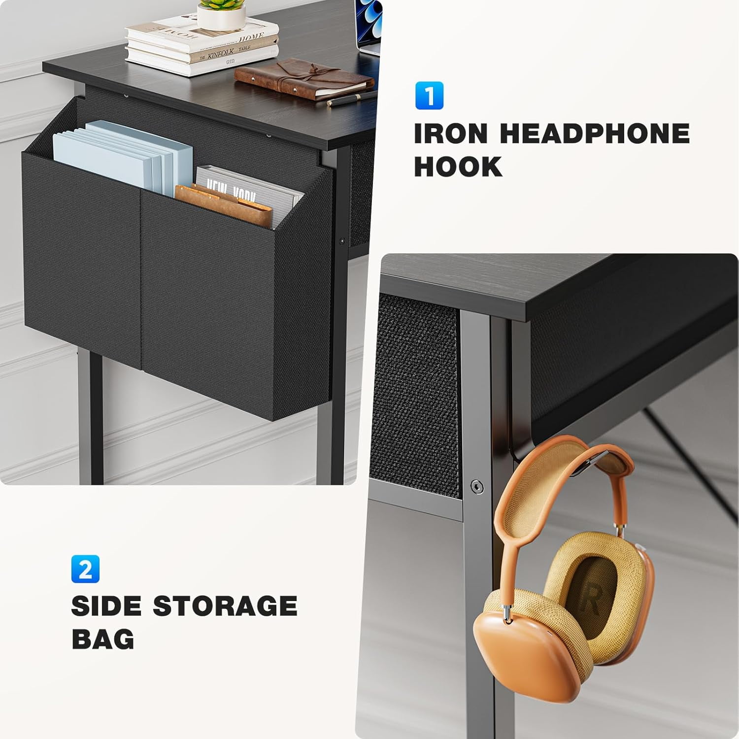32 inch Small Desk with Drawers, Modern Study Writing Table Computer Desks with Storage Bag & Hook for Bedroom Home Office, Black