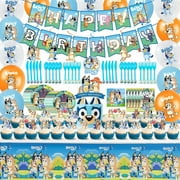137 Pcs Bluey Birthday Party Supplies Party Decorations Include Happy Birthday Banner, Tablecloths, Invitation Cards, Hanging Swirls, Cupcake Toppers, Balloons, Plates for Boys and Girls