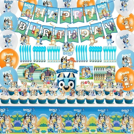 137 Pcs Bluey Birthday Party Supplies Party Decorations Include Happy Birthday Banner, Tablecloths, Invitation Cards, Hanging Swirls, Cupcake Toppers, Balloons, Plates for Boys and Girls