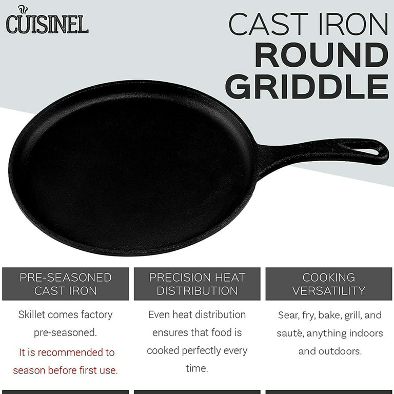 Cuisinel Cast Iron Round Griddle - 10.5 Crepe Maker Pan + Silicone Handle  Cover - Pre-Seasoned Comal for Tortillas Flat Skillet - Dosa Tawa Roti