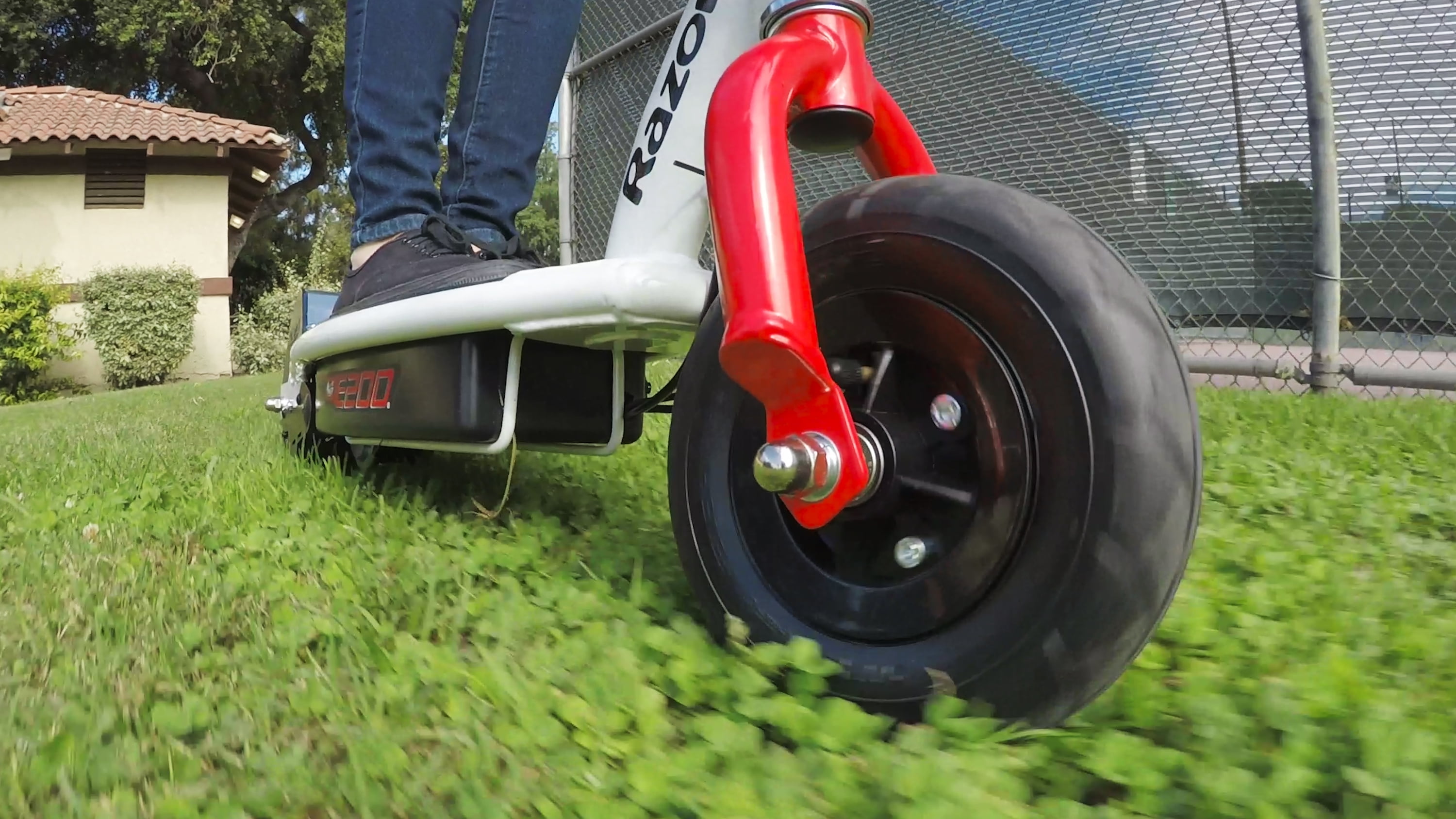 Razor E200 24V Electric Scooter - Red/White, up to 12 mph, 8" Pneumatic Front Tire, for Teen 13+