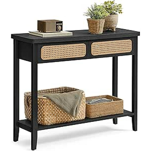 VASAGLE Console Table, Boho Entryway Table, Narrow Sofa Table, Entry Table with 2 Drawers, Behind Couch Table with Open Storage Shelf, Rounded Corners, for Living Room, Ash Black