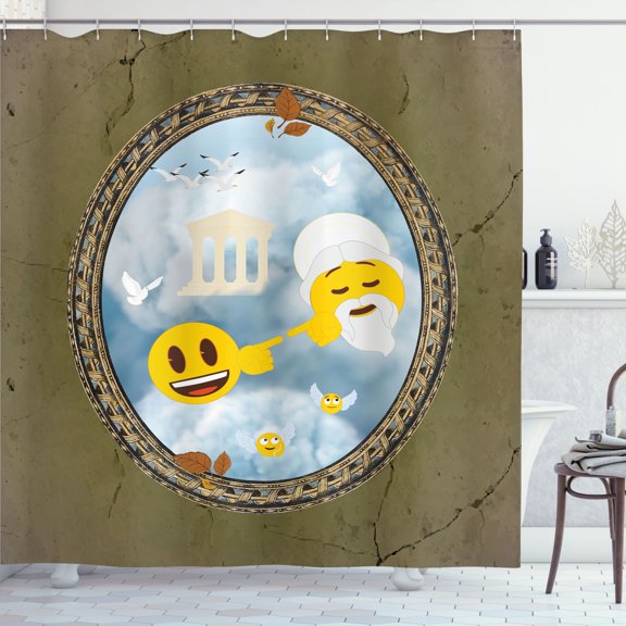Ambesonne Emoji Shower Curtain, Touching the Hand of Man Art, 69"Wx70"L, Dark Khaki and Blue Grey
