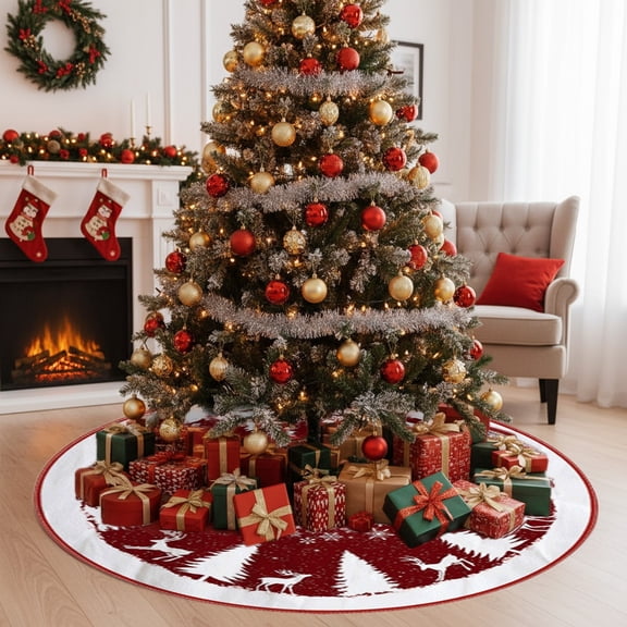 Classic Red Christmas Tree Skirt Decorative Cover with Holiday Elements for Home Party Festive Decor(Red-A)