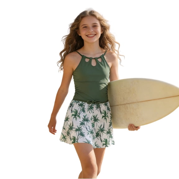 Huowey Baby Toddler Swimsuit 2 Piece Solid Color Sleeveless Halter Neck Adjustable Strap Onesized Slim Fit Swimwear With Leaves Floral Print Cover Up Skirts Bathing Suit,Purple,15-16 Years