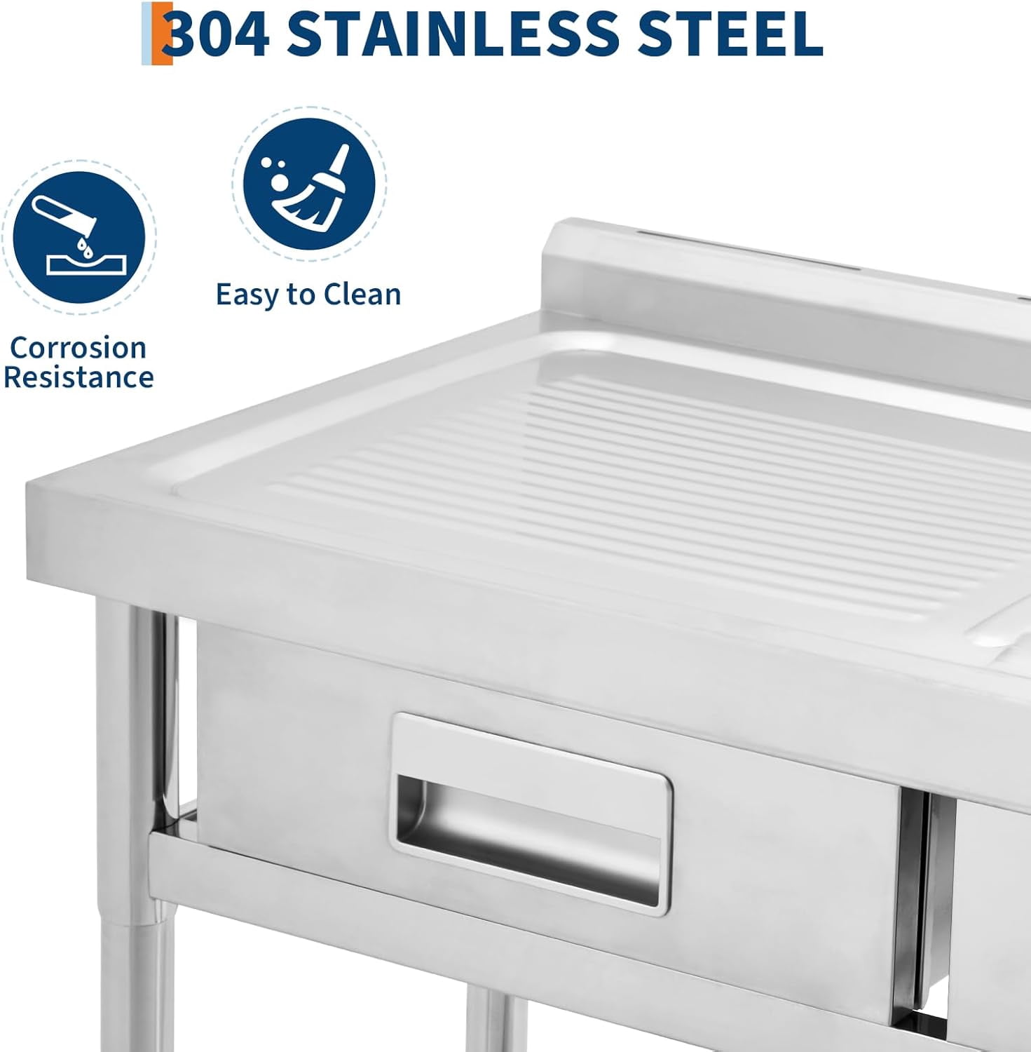 Ataucjin Stainless Steel Laundry Utility Sink, Freestanding Single Bowl Kitchen Sink with Hot & Cold Water Faucet, Built-In Wash Board, Drawer, Drain Basket, Dish Rack for Laundry Room, Garage