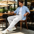 thumbnail image 5 of GrmtClth Casual Pants for Men Drawstring Elastic Waist Lightweight Linen Pants Loose Fit Straight Legs Beach Trousers with Pockets White S, 5 of 9