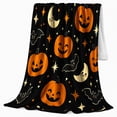thumbnail image 2 of Cheerful Whimsical Halloween Pattern Pumpkins Bats Moons, Festive Halloween Scene, Warm Flannel Blanket for Living Room and Family Room, Art Lovers Halloween Gift, Festive Home Decor, 2 of 9