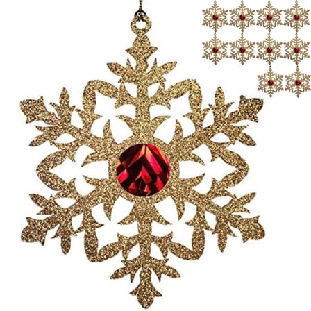 10 Pcs Snowflake Christmas Tree Ornaments Glitter Gold & Red; Two Sided; 5.5" Diameter Set by Arcworks
