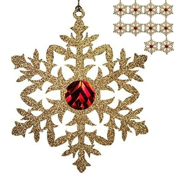 10 Pcs Snowflake Christmas Tree Ornaments Glitter Gold & Red; Two Sided; 5.5" Diameter Set by Arcworks
