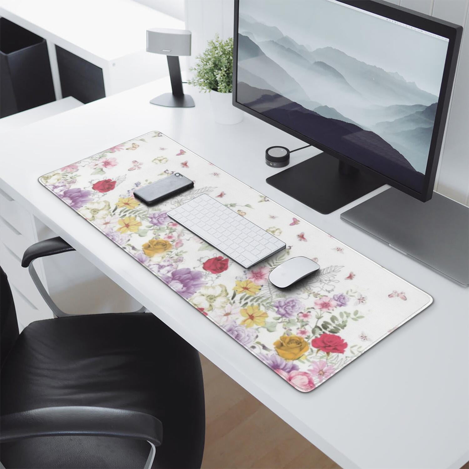 Long Mouse Pads for Desk,Pioneer Flower Floral Print Pattern Desk Mats on Top Of Desks, Desk Mouse Pad Extra Large with 3mm Non-Slip Base and Stitched Edge for Gaming,Office,Work,Home 31.5"x11.8"