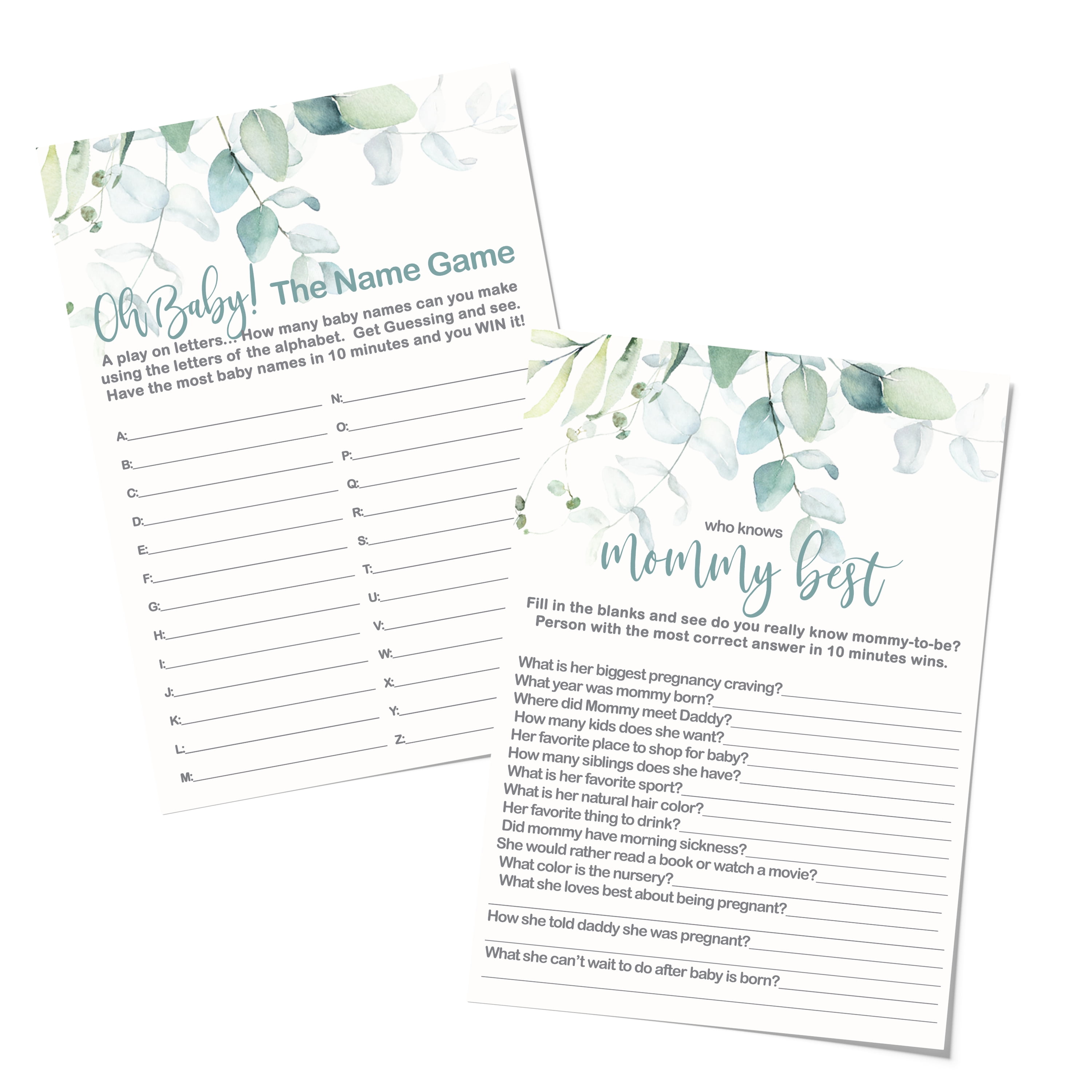 Greenery Baby Shower Game Pack Bundle for 25 Guests Set Includes Who Knows  Mommy Best and Name Game Guessing Activity Cards Rustic Eucalyptus Floral  Theme (5x7 Inches) Paper Clever Party - Walmart.com