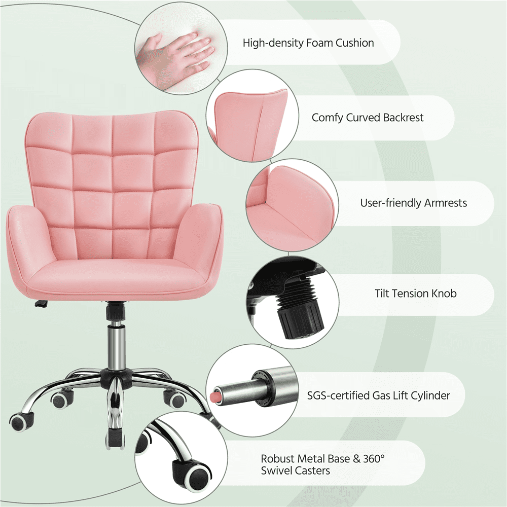 Alden Design Modern Faux Leather Desk Chair with Mid-back Padded Armrests for Office, Pink