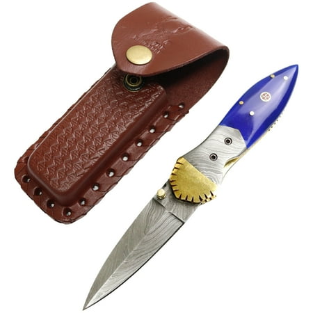 TheBoneEdge 8 Damascus Blade Folding Knife Blue Wood Handle With Damascus Bolster